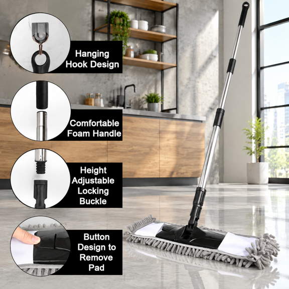 Gray 58" Extendable Handle Dust Mop with 2 Washable Chenille Pads for All Floors