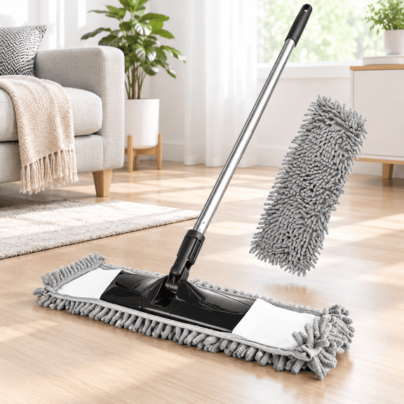 Gray 58" Extendable Handle Dust Mop with 2 Washable Chenille Pads for All Floors