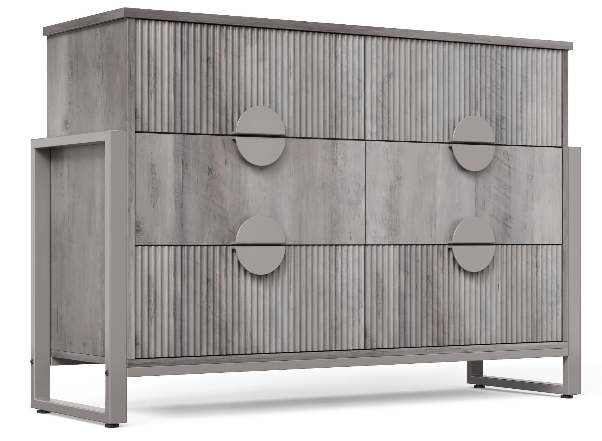 Gray 6 Drawer Dresser for Bedroom, Modern Wide Chest Of Drawers Wood Storage Cabinet for Living Room