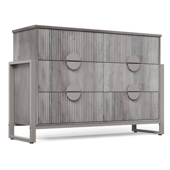 Gray 6 Drawer Dresser for Bedroom, Modern Wide Chest Of Drawers Wood Storage Cabinet for Living Room