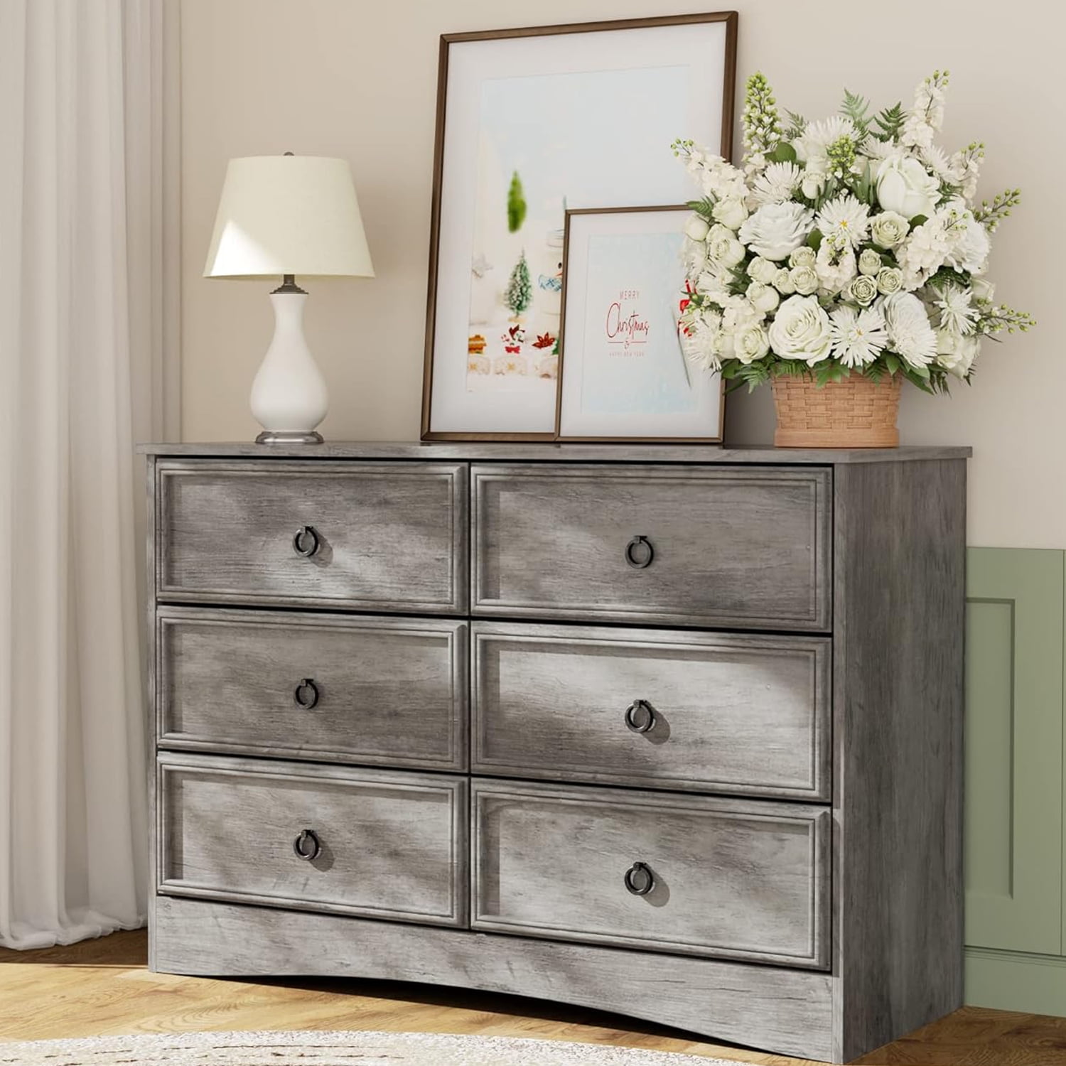 Gray 6 Drawer Dresser for Bedroom, Wide Chest Of Drawers Wood Storage ...
