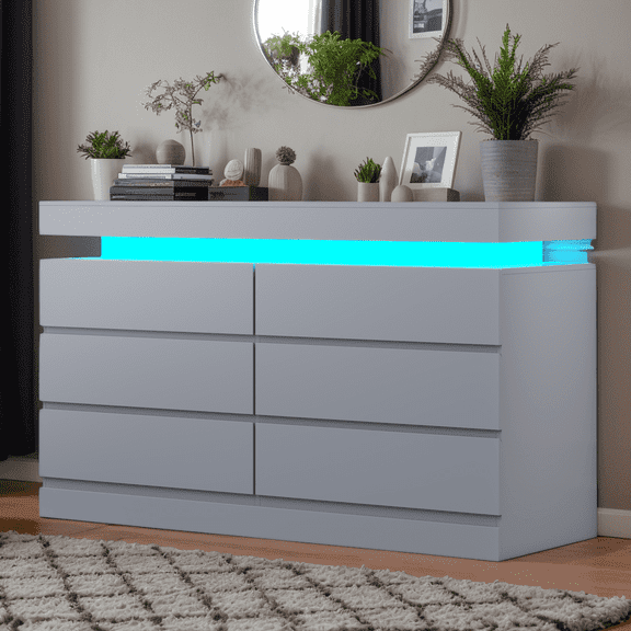 Gray 6-Drawer Dresser with Power Outlet & LED Lights, Double Wide Chest of Drawers, Modern Storage Cabinet for Bedroom, Living Room & Entryway