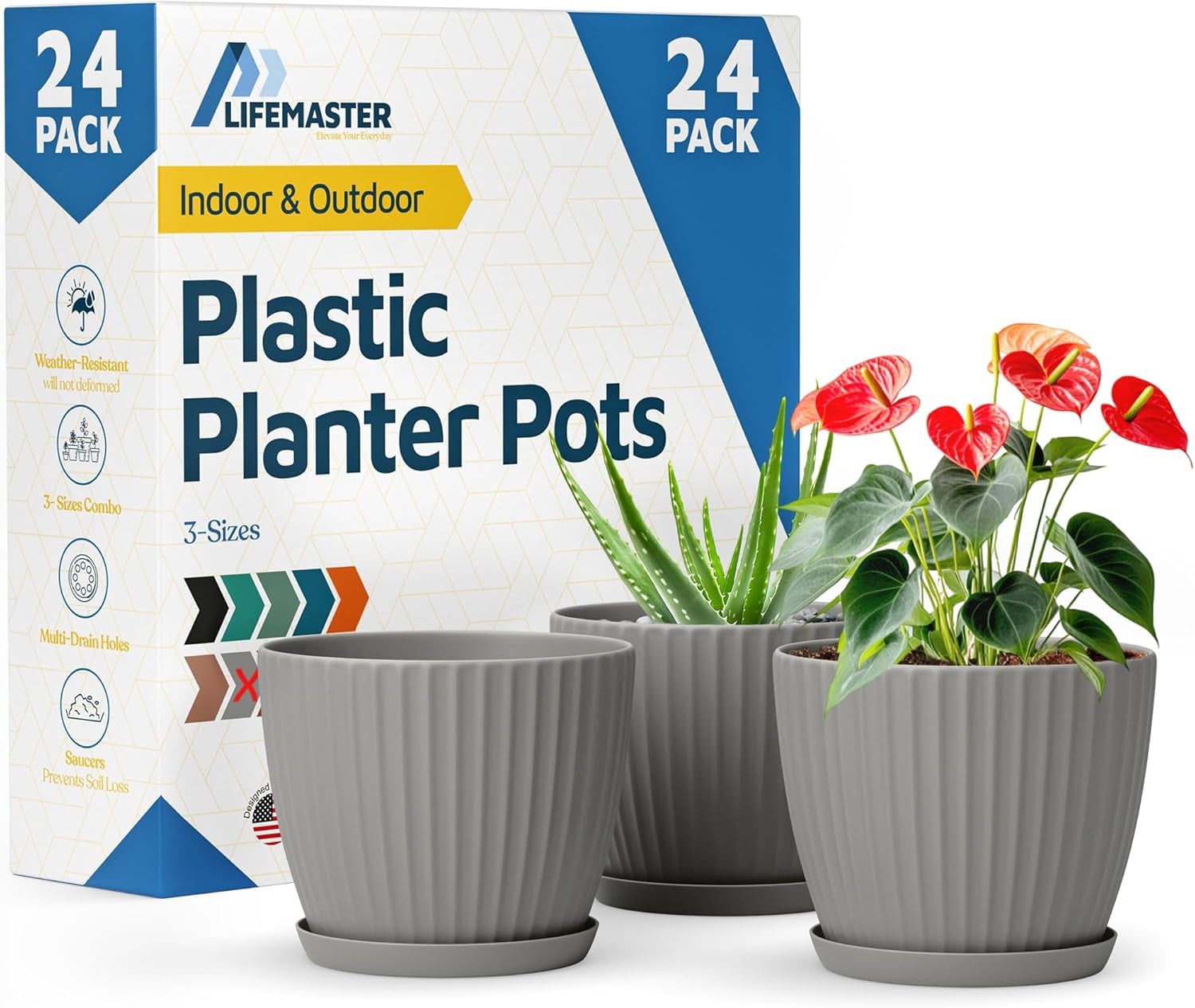 Gray 6-Inch Plant Pots with Drainage & Saucers 24 Pack, Indoor & Outdoor Planters for Houseplants, Herbs, and Flowers, Durable & Weatherproof Material, Stackable, Lightweight, Minimalist Design