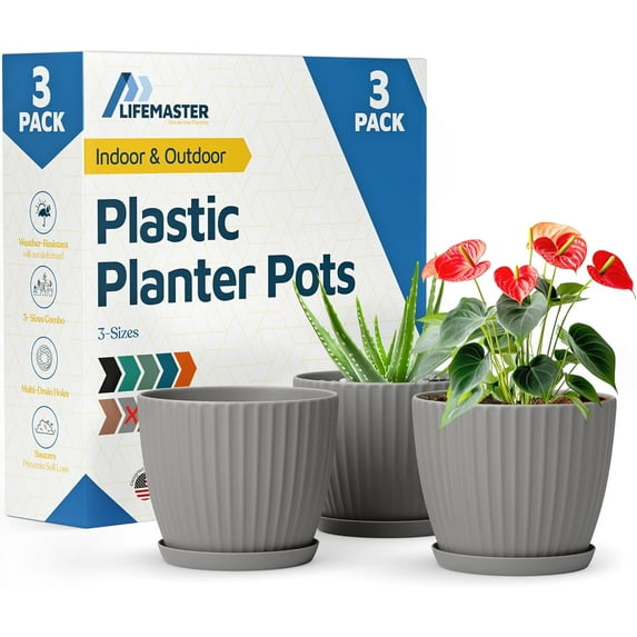 Gray 6-Inch Plant Pots with Drainage & Saucers 3 Pack, Indoor & Outdoor Planters for Houseplants, Herbs, and Flowers, Durable & Weatherproof Material, Stackable, Lightweight, Minimalist Design