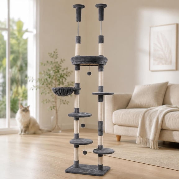 Gray 6-Tier Cat Tree, Floor to Ceiling Design, Plush Bed, Sisal Scratching Posts, Jumping Platforms