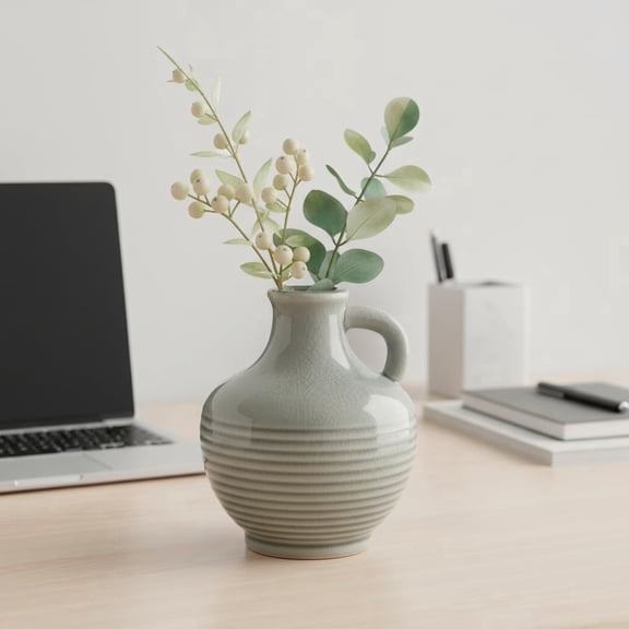 Gray 6 inch Textured Ribbed Ceramic Decor Vase with Handles,Perfect for Fresh/Dried Flowers
