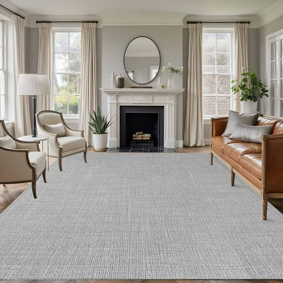 Gray 6x9 Area Rugs, Farmhouse Burlap Solid Grey Color Modern Linen Texture Non-Skid Rubber Backing Large Rectangle Rugs - Living Room Bedroom Home Office, Indoor Floor Mat Carpets Washable Rug
