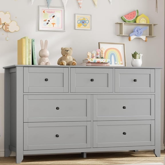 Gray 7 Drawer Dresser for Bedroom – 54" Wide Modern Wooden Chest with Deep Drawers, Metal Knobs, for Hallway, Entryway, Living Room