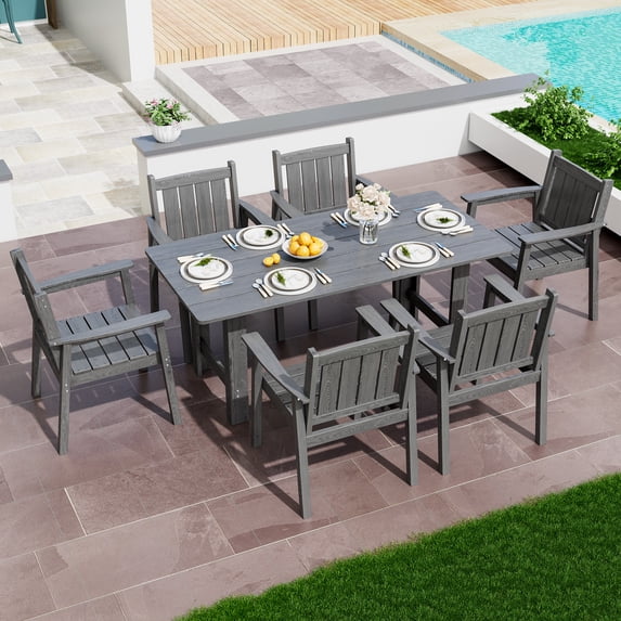 Gray 7-Piece HDPE Plastic Patio Outdoor Dining Set with Arm Chairs