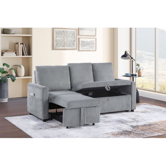 Gray 70"W Oswin Corduroy Sofa Featuring Pull-Out Chaise & Underseat Storage