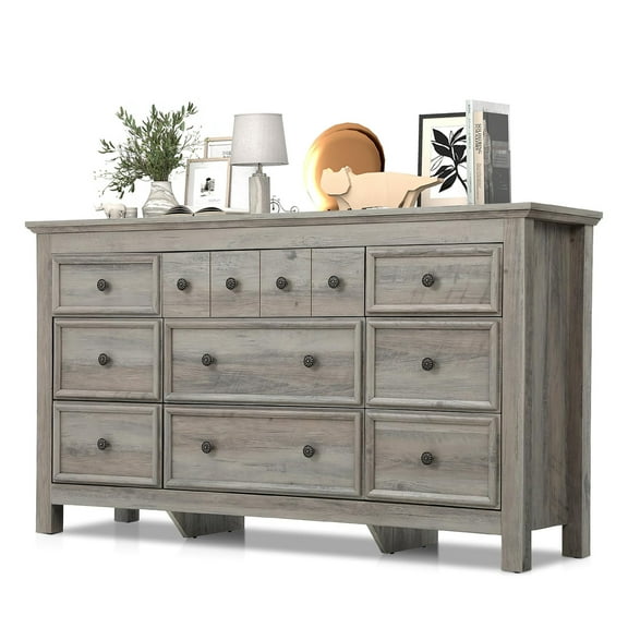 Gray 9 Drawer Horizontal Combo Dresser for Bedroom, Modern Chest of Drawers Wood Storage Cabinet for Living Room