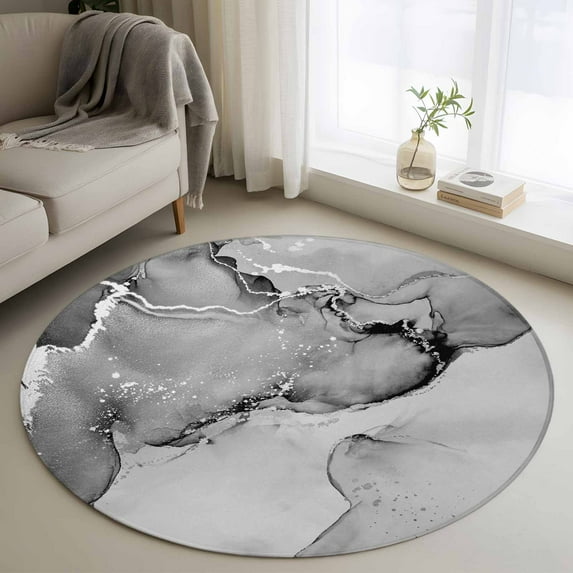 Gray Abstract 3FT Round Area Rugs for Living Room Silver Marble Ripples Clouds Luxury Fluid Art Ultra-Thin Non-Slip Round Rugs Machine Washable Low Pile Circle Carpet for Bedroom Kitchen Nursery