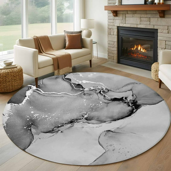 Gray Abstract 8FT Round Area Rugs for Living Room Silver Marble Ripples Clouds Luxury Fluid Art Ultra-Thin Non-Slip Round Rugs Machine Washable Low Pile Circle Carpet for Bedroom Kitchen Nursery