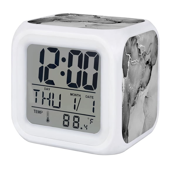 Gray Abstract Alarm Clock, Silver Marble Ripples Clouds Luxury Fluid Art Digital Clock Night Light with 7 Color, Calendar Temperature Display, LED Desk Small Clock for Bedrooms Bedside Living Room