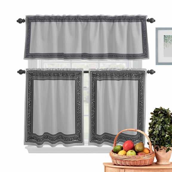 Gray Abstract Art Kitchen Curtains Valances 3 Piece Set, Vintage Linen Black Greek Key Geometric Rod Pocket Tier Curtain and Valance Drapes for Small Window 24 Inch Length for Bedroom Cafe