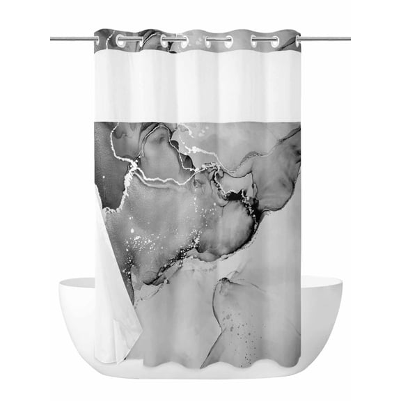 Gray Abstract No Hook Shower Curtain and Liner Set Silver Marble Ripples Clouds Luxury Fluid Art Shower Curtains with Snap-in Liner & See Through Top Window Hotel Style for Bathroom Decor 36x72 Inch
