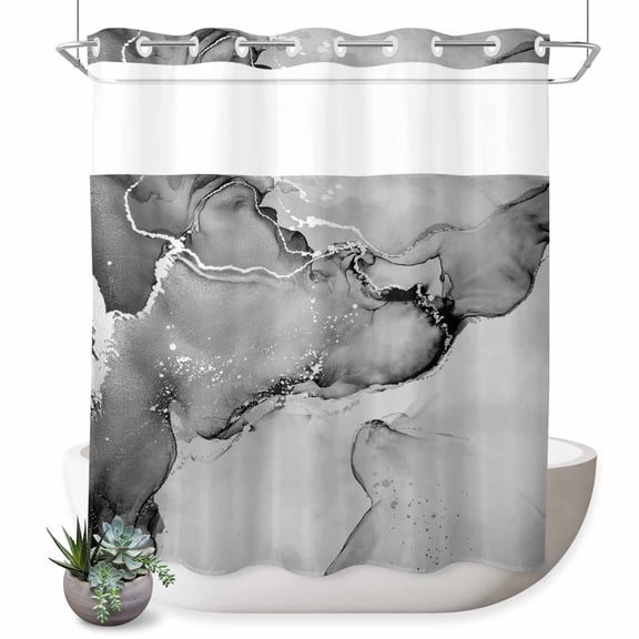 Gray Abstract No Hook Shower Curtain Silver Marble Ripples Clouds Luxury Fluid Art Shower Curtain with See Through Top Window, Waterproof Washable Fabric Curtain for Bathroom Hotel Decor, 72Wx78L