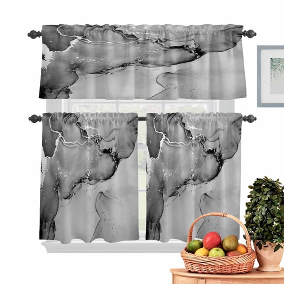 Gray Abstract Kitchen Curtains Valances 3 Piece Set, Silver Marble Ripples Rod Pocket Tier Curtain and Valance Drapes for Small Window 36 Inch Length for Bedroom Cafe