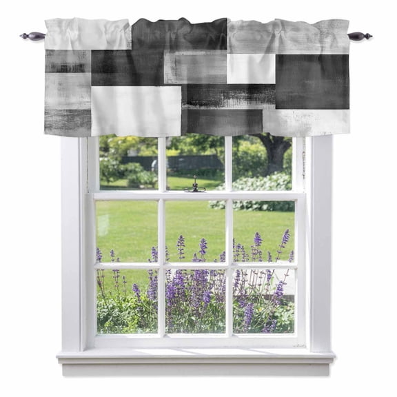 Gray Abstract Kitchen Valances, Modern Rustic Geometric Color Block Plaid Rod Pocket Window Valance 18 Inch Long,&nbsp;Window Curtain Panels for Living Room Bedroom Laundry, 54x18in