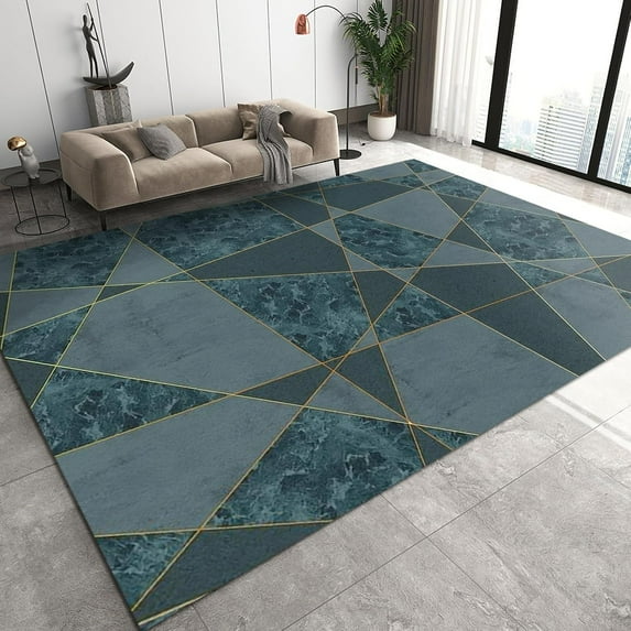 Gray Abstract Marble Area Rugs, Golden Geometric Triangle Lines Green Turquoise Area Carpet, Carpet Mat Fine Fluff Short Velvet Apply to Playroom Cafe Office Door Mats Porch 5x6ft