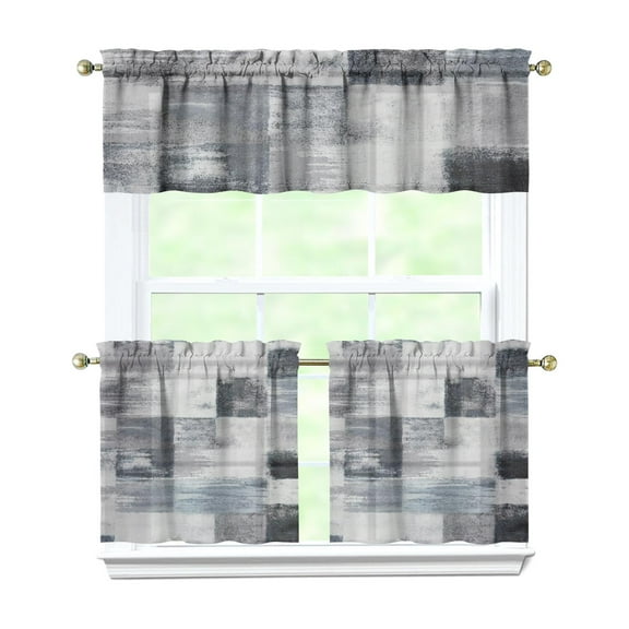 Gray Abstract Oil Painting 3-Piece Kitchen Curtains Set Kitchen Curtains Sets with Valance for Windows Rod Pocket Machine Washable Kitchen Decor Decorations (54"x18"+2x27.5"x24")
