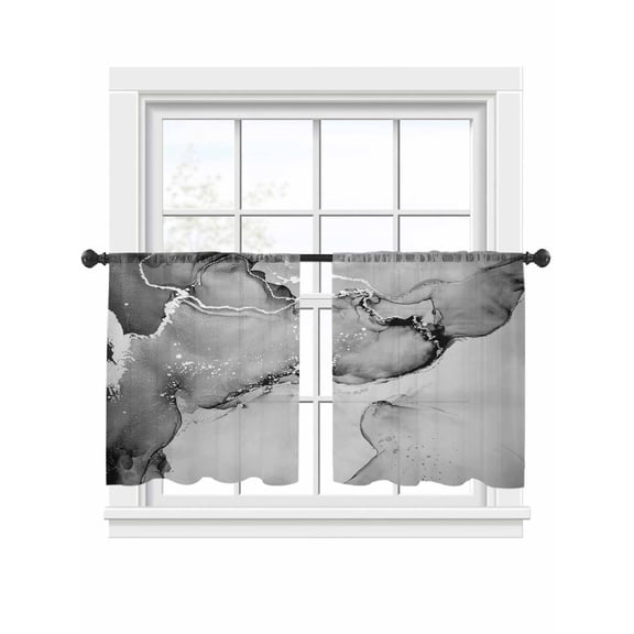 Gray Abstract Sheer Curtains for Living Room Bedroom, Light-filtering Sheer Curtain, Silver Marble Ripples Light-Rod Pocket Voile Window Treatment Drapes, 52’’Wx45’’L, 2 Panels Set