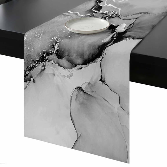 Gray Abstract Table Runner 13x36 Inch Silver Marble Ripples Clouds Luxury Fluid Art Table Runner Non-Slip Dresser Scarves for Holiday Decorations, Party, Dinner and Gatherings, 1 Pack