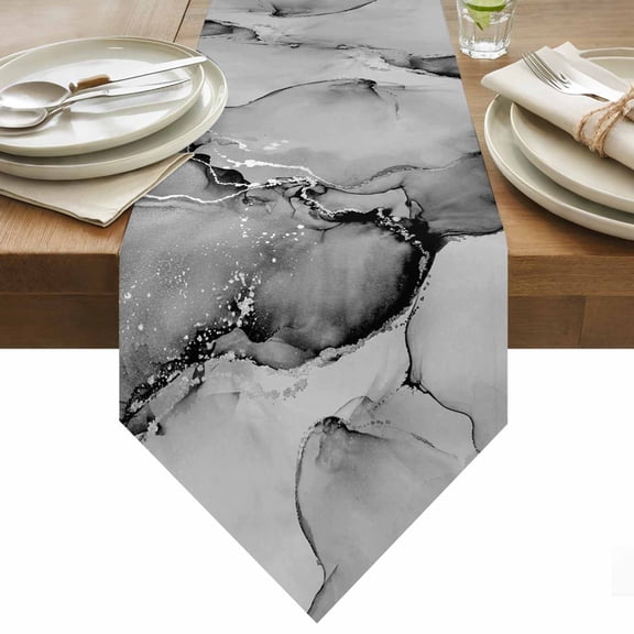 Gray Abstract Table Runner 36 Inches Long Silver Marble Ripples Clouds Luxury Fluid Art Table Runners for Dining Room Tabletop Dresser Scarf Home Party Banquet Wedding Holiday Decoration