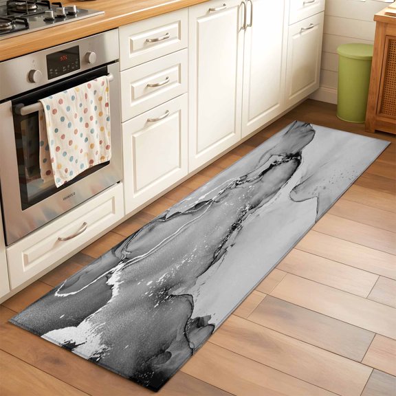 Gray Abstract Washable Area Rug 2x6 Silver Marble Ripples Clouds Luxury Fluid Art Low-Profile Area Rugs with Non Slip Backing Indoor Floor Carpet for Entrance Living Room Bedroom Home Office