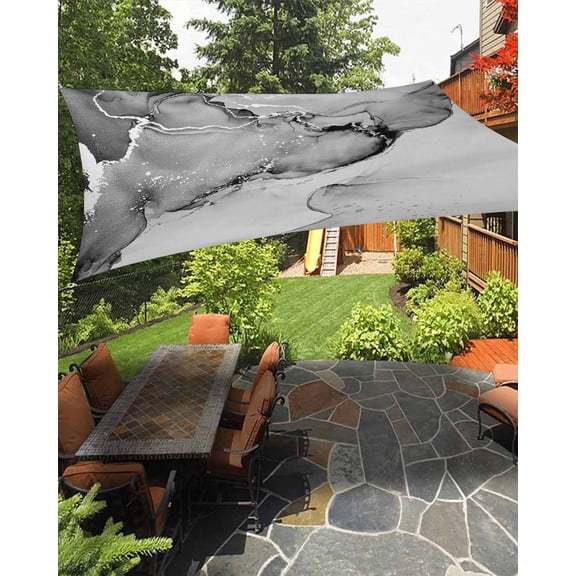Gray Abstract Waterproof Sun Shade Sail Silver Marble Ripples Clouds Luxury Fluid Art Outdoor Patio Sun Shades Canopy UV Block Waterproof Sunshade for Garden Backyard Deck Pergola 8x10 Ft