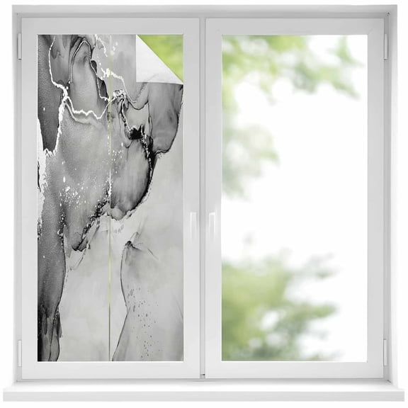 Gray Abstract Window Privacy Film Silver Marble Ripples Clouds Luxury Fluid Art Decorative Glass Window Film UV Blocking Static Cling Non-Adhesive Sticker Covering for Home Door 19.6 x 39.3 inches