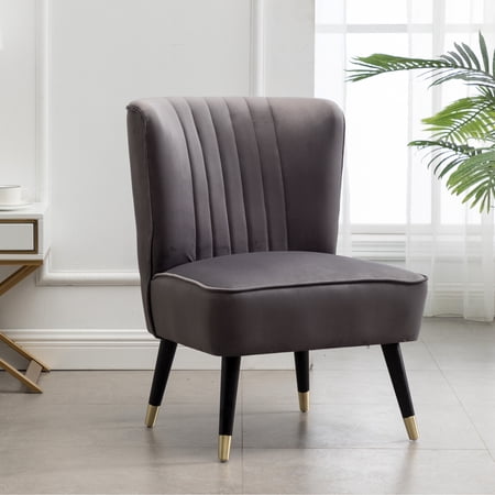 Gray Accent Chair With Velvet Upholstery - Thick Dense Foam Padding, Curved Back And Sides, Solid Rubberwood Legs Gold Electroplated Ends, For Living Area Decoration Furnishing Contemporary Shape,