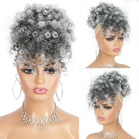 Gray Afro Puff Drawstring Ponytail with Curly Hair Pieces Clip in Bangs Short Ponytail Hair Extensions drawstring ponytail for Black Women
