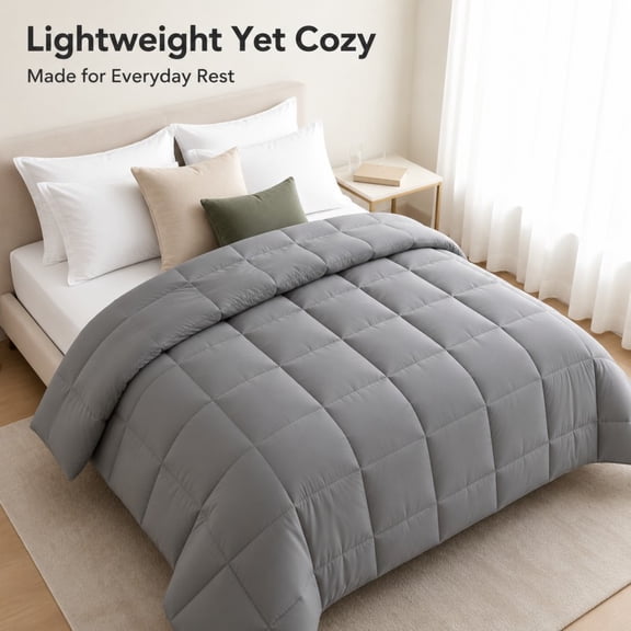 Gray Down Alternative Comforter, 450g filling, 100% Polyester Ultra Soft Satin Brushed Duvet Insert, Hypoallergenic Box Stitched Bed Comforter for All Season, Machine Washable