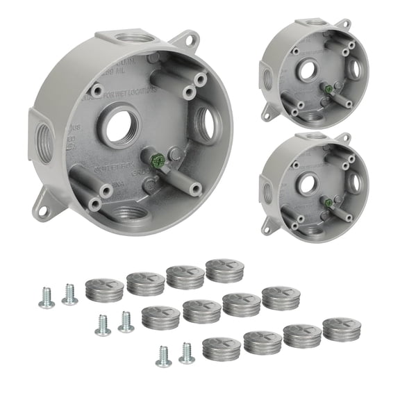 Gray Aluminum Round Weatherproof Outlet Box, 3 Pack 5-0.5 inch Holes, 15.8 cu in/259ml, Includes 4 Closure Plugs, 1 Green Grounding Screw, 2 Common Screws for Covers