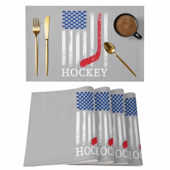 Gray American Flag Placemats Set of 4, Abstract Red Hockey Stripes Us Flag Placemats for Dining Table, Place Mats for Kitchen Tabletop, Waterproof Wipeable Dining Table Mats Set