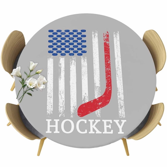 Gray American Flag Round Tablecloth, Fitted Table Cover with Elastic for 45"-54" Round Tables, Abstract Red Hockey Stripes Us Flag Table Cloth Outdoor Indoor Dinning Party Waterproof Tablecloths