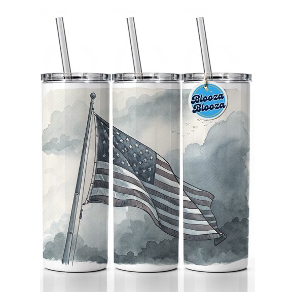 Gray American Flag Watercolor USA United States 20oz Insulated Water Bottle Skinny Tumbler Includes Straw