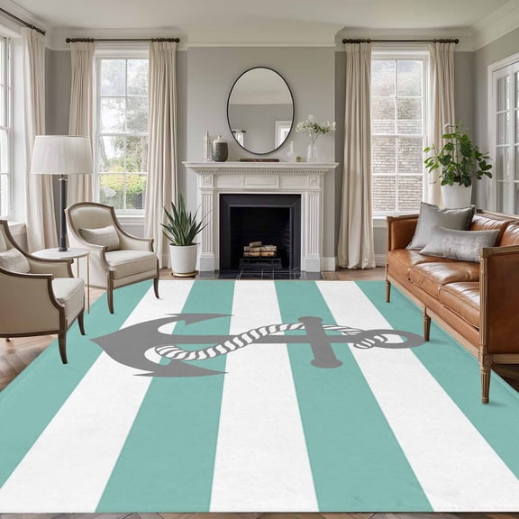 Gray Anchor 5'x7' Rug for Living Room Sofa and Coffee Table Layout, Turquoise Striped Washable Non Slip Rectangle Area Rug for Living Room Dining Room, Bathroom Accent, Entryway, Beside Bed