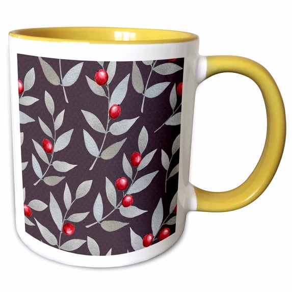 3drose, Gray and Berry Leaves Pattern on Black, 11oz Two-tone Yellow Mug