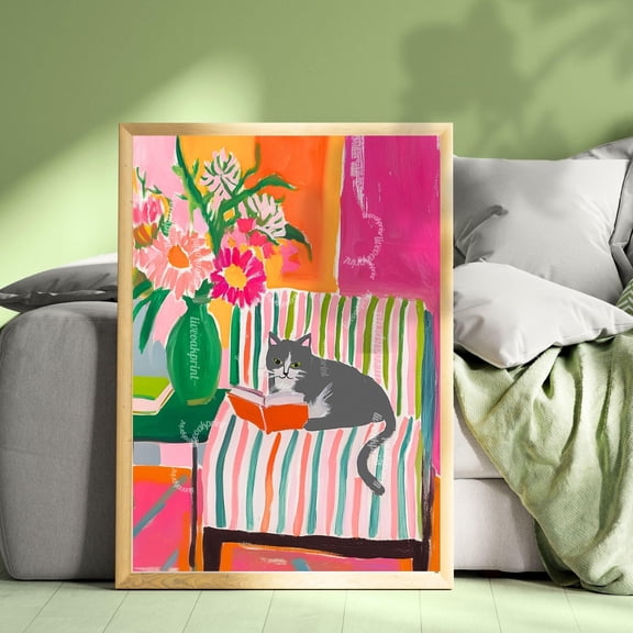 Gray And White Cat Reading Print Gray Cat Gift Cozy Reading Nook Decor Gray Cat Art Gift For Book Lovers Dopamine Decor Bookish Wall Art