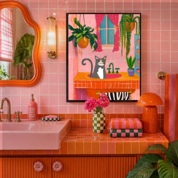 Gray And White Cat Wall Art Print, Colorful Half Bath Retro Maximalist Lover, Bathroom And Powder Room Decor