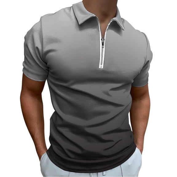Gray And White Gradient Men Zipper T-shirt Summer Casual Short Sleeve T-shirt Top