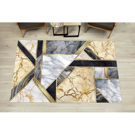 Gray And Yellow Marble Rugs, Luxury Marble Rugs, Geometric Shape Rug, Accent Rug, Hallway Rug, Office Rug, Modern Soft Rugs, Front Door Rug, 3.3'x9.2' - 100x280 cm