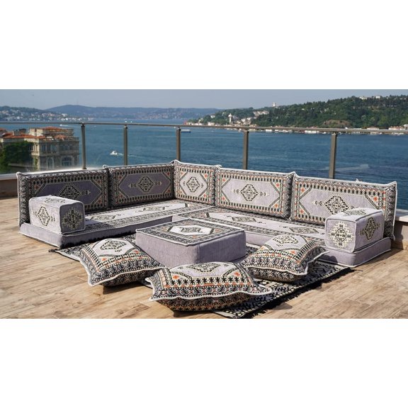 Gray Arabic Majlis Seating, L Shaped Modular Sofa, Floor Cushions, Turkish Sofa Bed, Floor Pillow Sofa for Adults, Diwan Sofa Set