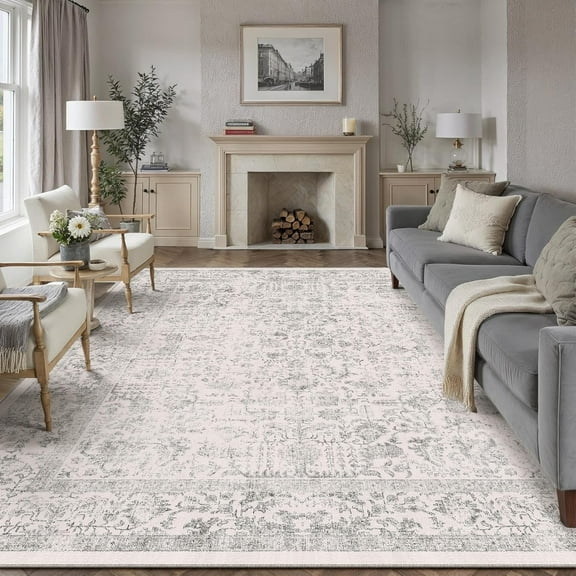 Gray Area Rug 8x10 Machine Washable Large Vintage Living Room Distressed Non Slip Carpet Traditional Indoor Bedroom Grey Retro Floral Accent Throw Rug for Office Kitchen Dining Room