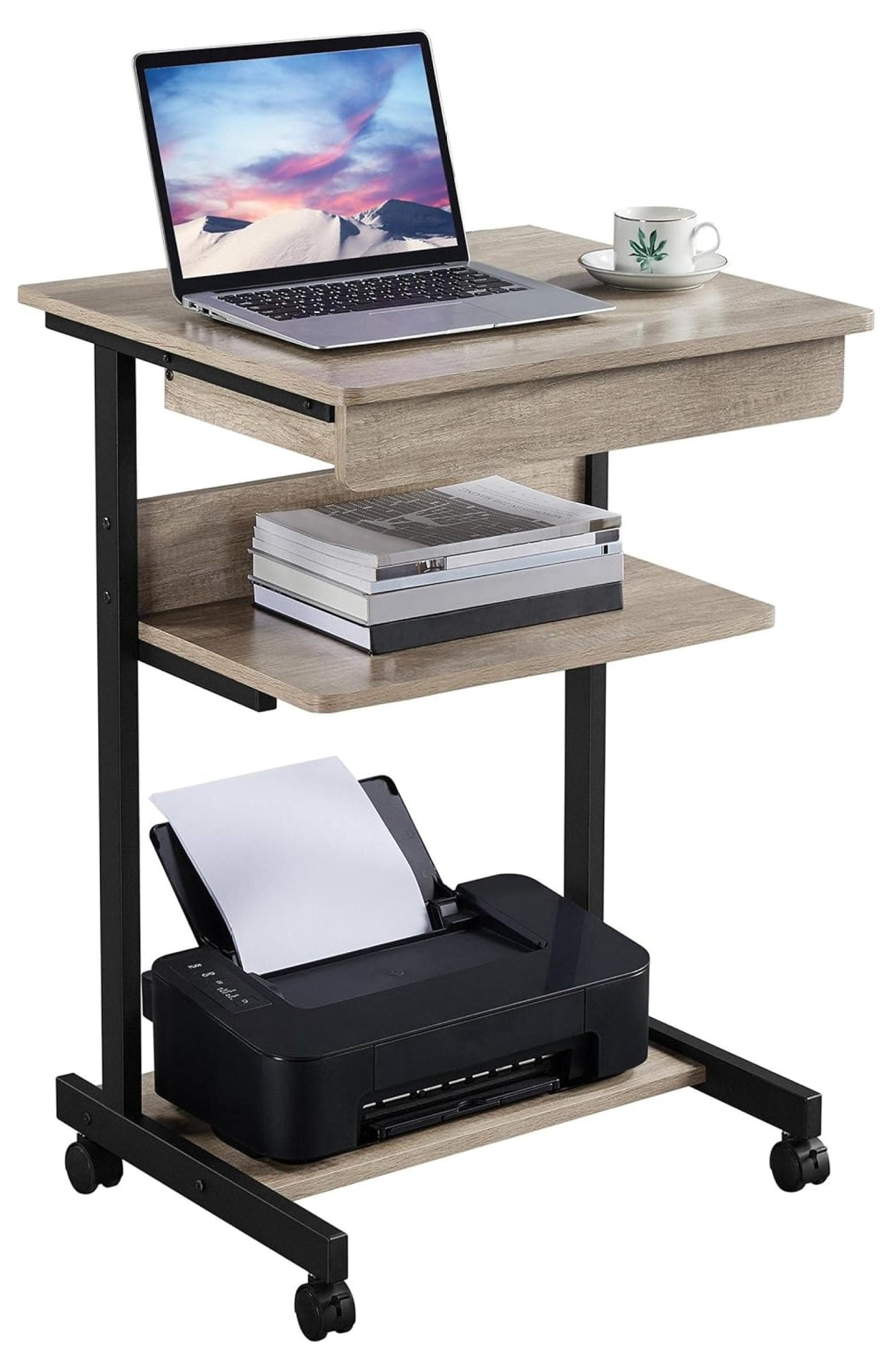 Gray Art Deco Desk, Rolling Computer Desk Cart with Drawer, Small Space for Writing, Laptop, PC, 22 x 20.1 x 31.5 inches