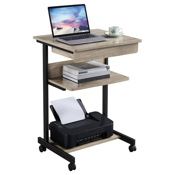 Gray Art Deco Desk, Rolling Computer Desk Cart with Drawer, Small Space for Writing, Laptop, PC, 22 x 20.1 x 31.5 inches