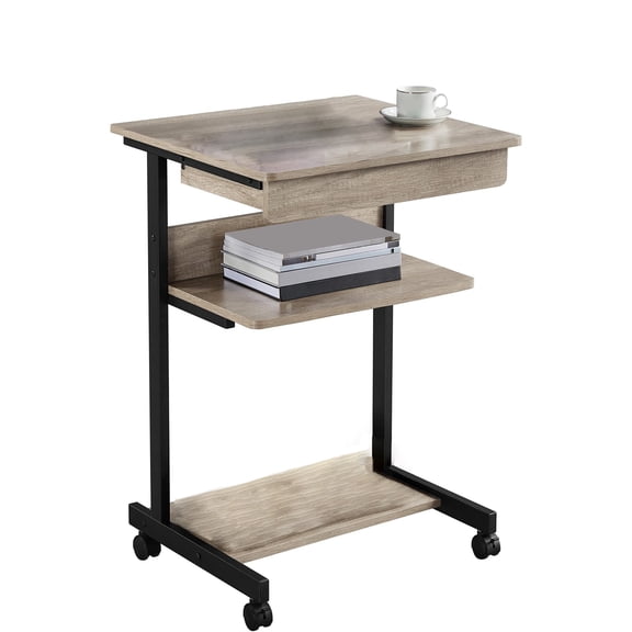 Gray Art Deco Rolling Computer Desk, Small Space Solution Writing Laptop Cart with Drawer and Storage Shelves, Mobile PC Table for Home Office Bedroom Kitchen, 22 x 20.1 x 31.5 inches, Gray
