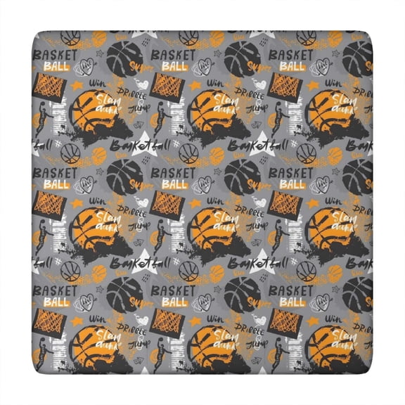 Gray Background Basketball Elements Pattern Square Fitted Tablecloth with Elastic Edge,Square Table Cover,Washable Elastic Table Cover for Home Kitchen Party Decor 34"x34"